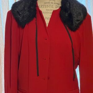 Chic Red Women's Blazer with Faux Fur Collar